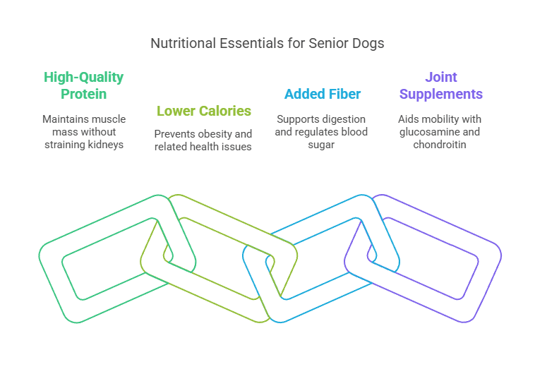 Key Nutritional Needs for Senior Dogs

High-Quality Protein: Maintains muscle mass without straining kidneys. Look for sources like chicken, turkey, or salmon.

Lower Calories: Prevents obesity, which exacerbates arthritis and heart disease.

Added Fiber: Supports digestion and regulates blood sugar.

Joint Supplements: Glucosamine and chondroitin aid mobility.